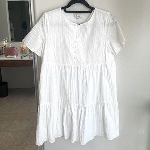 Madewell embroidered eyelet button front tiered mini dress in white size medium